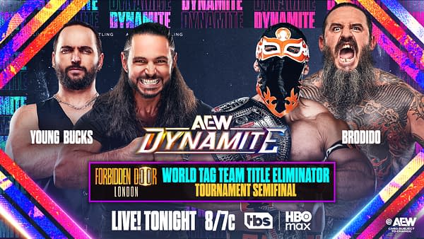 A promotional graphic for AEW Dynamite featuring the wrestling teams Young Bucks and Brodido. The design includes vibrant colors and text highlighting the Forbidden Door event and a tournament semifinal.