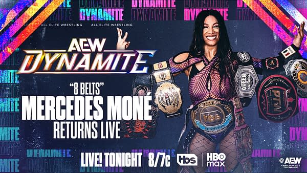 Promotional graphic for AEW Dynamite featuring wrestler Mercedes Moné, who is displaying multiple championship belts while smiling and posing energetically. The background includes colorful branding for the wrestling event.