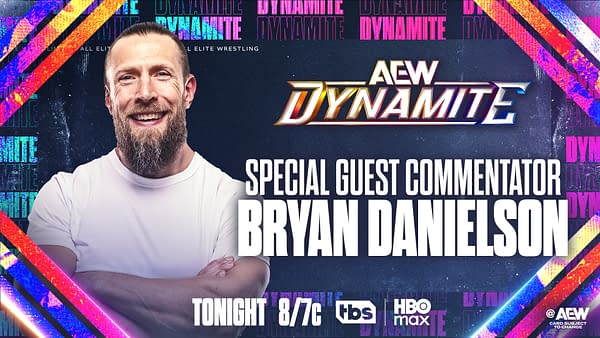 A promotional graphic featuring a smiling man with a beard, wearing a white shirt. The background has vibrant colors and the logo for AEW Dynamite, announcing him as the special guest commentator.