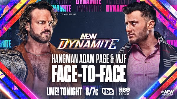 A promotional graphic featuring two professional wrestlers, Hangman Adam Page and MJF, facing each other with intense expressions. The background includes colorful graphics and highlights the AEW Dynamite branding, showcasing the event live tonight.