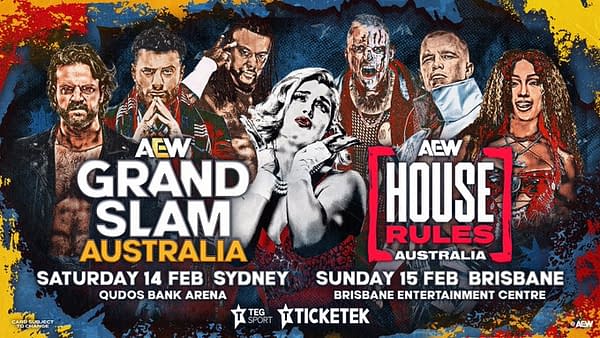 A promotional poster featuring professional wrestlers for AEW's upcoming events in Australia, including 'AEW Grand Slam' in Sydney and 'AEW House Rules' in Brisbane, with bold graphics and event details prominently displayed.