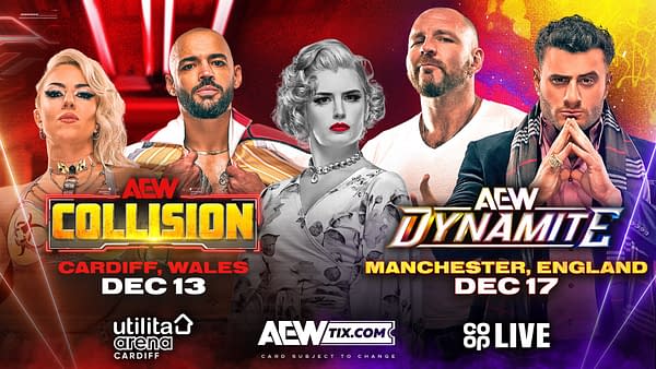 A promotional graphic featuring wrestlers for the AEW events in December. It includes text for 'AEW COLLISION' in Cardiff, Wales, and 'AEW DYNAMITE' in Manchester, England, alongside images of four wrestlers in dynamic poses.