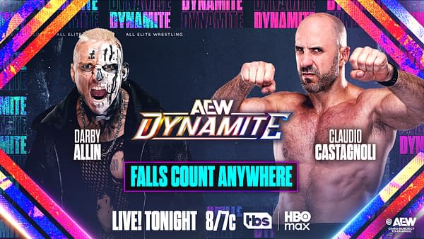 A promotional illustration for AEW Dynamite features two wrestlers: Darby Allin, with a painted face and intense expression on the left, and Claudio Castagnoli, flexing and looking fierce on the right. The background includes vibrant graphics and text related to the wrestling event.