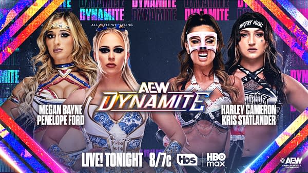 A promotional image for AEW Dynamite featuring four female wrestlers: Megan Bayne, Penelope Ford, Harley Cameron, and Kris Statlander. Each wrestler is dressed in colorful costumes against a dynamic background with the AEW Dynamite logo prominently displayed.