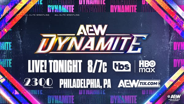 A promotional graphic for AEW Dynamite featuring vibrant colors and the show's logo. The design includes details about the live event such as the time, location in Philadelphia, and broadcasting information.