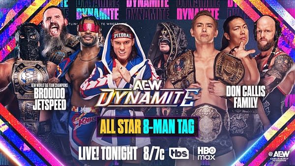 A promotional graphic for AEW Dynamite featuring multiple wrestlers in dynamic poses, showcasing an upcoming 8-man tag match. The graphic includes logos and text announcing the event details.