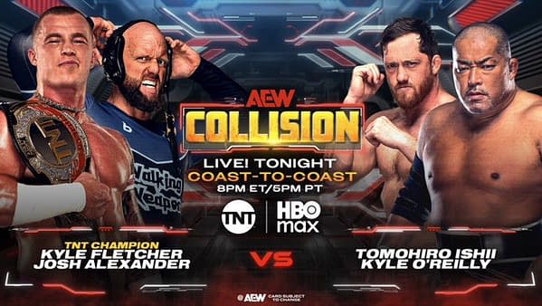 Promotional graphic for AEW Collision featuring wrestlers Kyle Fletcher, Josh Alexander, Tomohiro Ishii, and Kyle O'Reilly. The event is marketed as live tonight at 8 PM ET/5 PM PT on TNT and HBO Max.