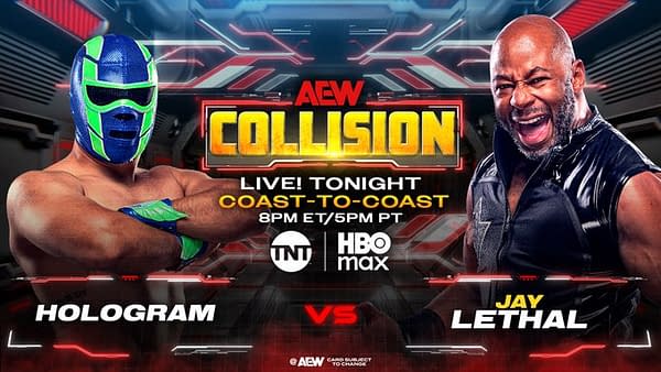 A wrestling promotional image featuring a holographic wrestler in a blue mask and bodysuit, facing off against Jay Lethal, who is wearing a black wrestling outfit. The background includes red and gray futuristic designs with the AEW Collision logo prominently displayed, along with broadcast information for the event.