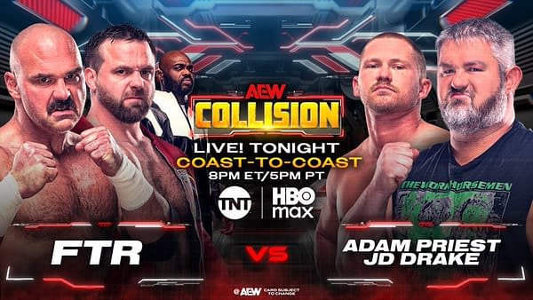 The promotional graphic for AEW Collision features four wrestlers: two members of FTR on the left and Adam Priest with JD Drake on the right. The background includes the AEW Collision logo and details about the event airing on TNT and HBO Max.