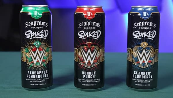 Three cans of Seagram's Escapes Spiked beverages are displayed. Each can features bold designs and the WWE logo prominently, with flavors labeled as Pineapple Powerhouse, Rumble Punch, and Slammin' Blueberry.