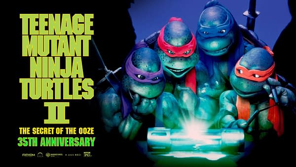 Teaser video thumbnail featuring the four Teenage Mutant Ninja Turtles in colorful masks, gathered around a mysterious glowing object, celebrating the 35th anniversary of 'Teenage Mutant Ninja Turtles II: The Secret of the Ooze.' The background is dark, highlighting the vibrant colors of the turtles and the glowing item.