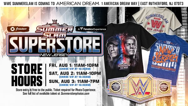 A promotional graphic for the WWE SummerSlam Superstore in New Jersey, featuring information about store hours and various merchandise including T-shirts and a championship belt.