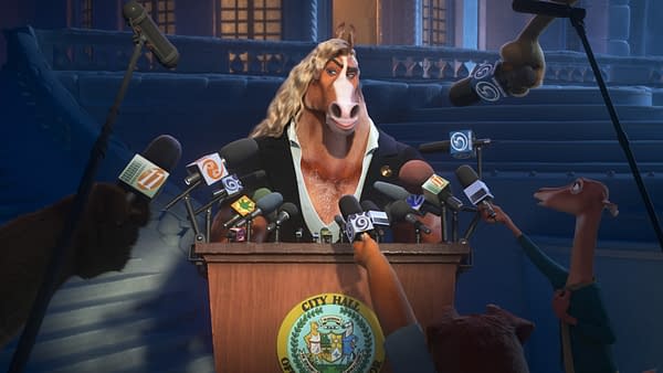 In the animated cartoon "Zootopia 2," Mayor Winddancer stands at a podium surrounded by microphones, addressing a crowd. The setting suggests a press conference in a city hall environment.
