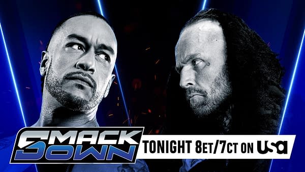 A promotional graphic featuring two wrestlers facing off against a striking blue background, with the 'SmackDown' logo prominently displayed at the bottom. The text indicates the event is scheduled for tonight at 8 PM ET/7 PM CT on USA.
