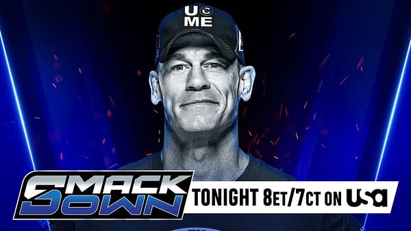 A promotional image for WWE SmackDown featuring a man with short hair and a baseball cap, smiling confidently. The background is dark blue with sparkles, and the text below reads 'SMACKDOWN TONIGHT 8ET/7CT ON USA'.