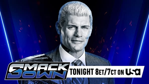 A promotional graphic for WWE SmackDown featuring a wrestler with platinum blonde hair and wearing a suit, holding a championship belt. The background is blue with a dynamic design, and text indicates the show airs tonight at 8 ET/7 CT on USA.