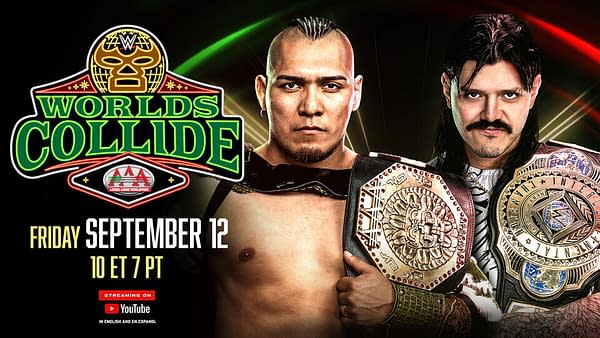 A promotional graphic for WWE x AAA's 'Worlds Collide' featuring two wrestlers facing each other. The left wrestler has a muscular build and short hair, while the right wrestler sports a mustache and holds two championship belts. The event is taking place on September 12, 2025, with details about streaming on YouTube.