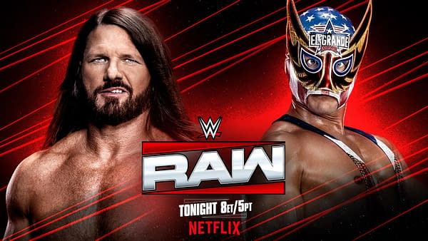 A promotional graphic for WWE Raw featuring two wrestlers. On the left, a man with long hair and a beard. On the right, another man in a colorful mask with an American flag motif.