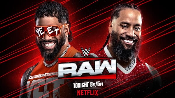 Two men are smiling at the camera, both wearing stylish sunglasses and vibrant attire that features the word 'VEET.' The logo for WWE Raw is prominently displayed, with text indicating a showtime announcement.