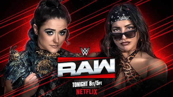 A promotional graphic for WWE Raw features two women wrestlers, one with dark blue hair and a fierce expression, adorned with a detailed costume, and another with long dark hair, sunglasses, and a bandana, both against a vibrant red background with the 'RAW' logo prominently displayed.