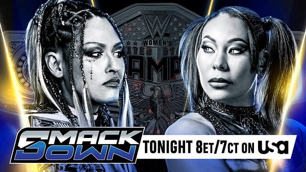 A graphic featuring two female wrestlers, Giulia Michin and another competitor, staring towards each other intensely. The background highlights the WWE Women's United States Championship, with the text 'SMACKDOWN TONIGHT 8ET/7CT on USA' prominently displayed.