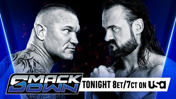 A promotional graphic for WWE SmackDown features wrestlers Randy Orton and Drew McIntyre facing each other, displaying intense expressions. The logo for SmackDown and broadcast time are included in the image.