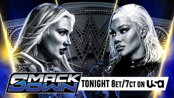 Promotional graphic for WWE SmackDown featuring two female wrestlers, one with blonde hair and the other with silver hair, facing off. The SmackDown logo and broadcast details are included. 