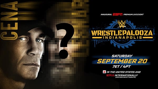 A promotional graphic for WWE's WrestlePalooza featuring a close-up of a man with blue eyes and a baseball cap labeled 'CENA' alongside a blurred face, with the event's logo and details including date and time.