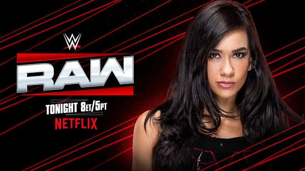 A promotional graphic for WWE Raw featuring the show's logo in bold letters against a red background. A female wrestler with long dark hair and a serious expression is prominently displayed on one side.