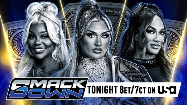 A promotional graphic for WWE SmackDown features three female wrestlers, each displaying confident expressions. The background showcases championship belts, emphasizing the competitive atmosphere, with bold text indicating the showtime details.