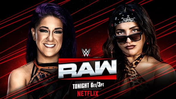 A promotional graphic for WWE Raw featuring two female wrestlers, one with purple hair and the other wearing sunglasses and a bandana. They are placed against a dramatic red background with the WWE Raw logo prominently displayed.