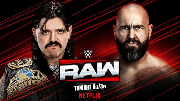 Two professional wrestlers face off, one wearing a championship belt. The background features bold red lines and the WWE Raw logo prominently displayed with the Netflix branding and event time.