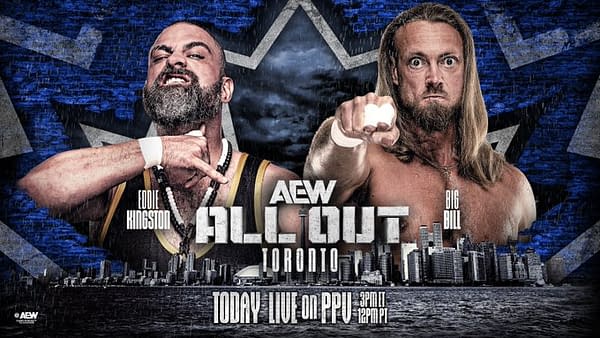 Promotional graphic for the AEW All Out wrestling event featuring wrestlers Eddie Kingston and Big Bill. The background shows a city skyline with a blue star motif.