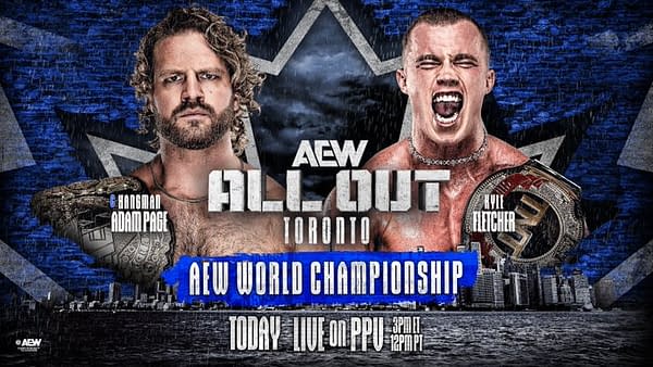 Promotional graphic for the AEW All Out event featuring wrestlers Hangman Adam Page and Kyle Fletcher, with details about the AEW World Championship match. The background depicts a stylized blue and black design with Toronto landmarks.