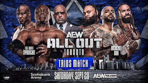 A promotional graphic for AEW All Out features wrestlers from the Hurt Syndicate and Ricochet against the Gates of Agony. The event details, including the location and date, are displayed clearly.