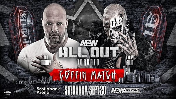 Promotional graphic for a wrestling event featuring Jon Moxley and Darby Allin. The design includes bold text announcing a Coffin Match at AEW All Out, with a dark background and images of the two wrestlers.