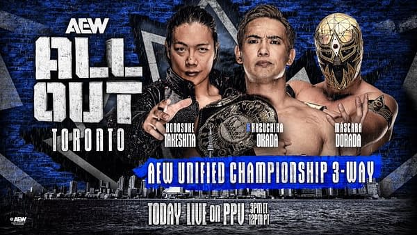 Promotional graphic for AEW All Out featuring wrestlers Konosuke Takeshita, Kazuchika Okada, and Máscara Dorada, highlighting the AEW Unified Championship match. Background includes AEW branding and event details.