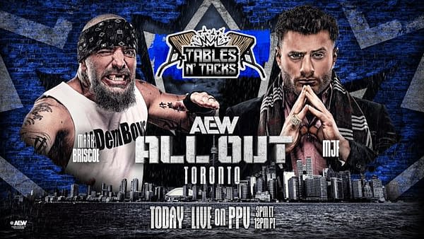 A promotional graphic for AEW All Out featuring wrestlers Mark Briscoe and MJF. The background displays a stylized city skyline and branding for the event, with text indicating the event location as Toronto and broadcast details.
