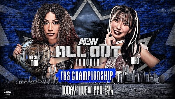 A promotional graphic for AEW All Out featuring wrestlers Mercedes Moné and Riho, highlighting the TBS Championship match. The background includes a city skyline and a blue color scheme.