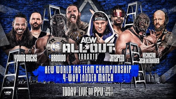 A promotional graphic for the AEW All Out event featuring six professional wrestlers engaged in a tag team match. The design includes the AEW logo, with various wrestlers showcasing intense expressions and holding championship belts, set against a backdrop of ladders.