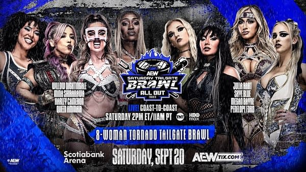 Promotional poster for AEW's All Out event featuring eight women wrestlers in a vibrant design, including text detailing an 8-Woman Tornado Tailgate Brawl scheduled for September 20 at the ScotiaBank Arena.
