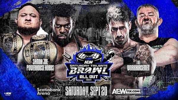 A graphic promoting the AEW All Out Tailgate Brawl event, featuring wrestlers Samoa Joe, Powerhouse Hobbs, and The Workhorsemen. The background includes blue and black colors with event details prominently displayed.