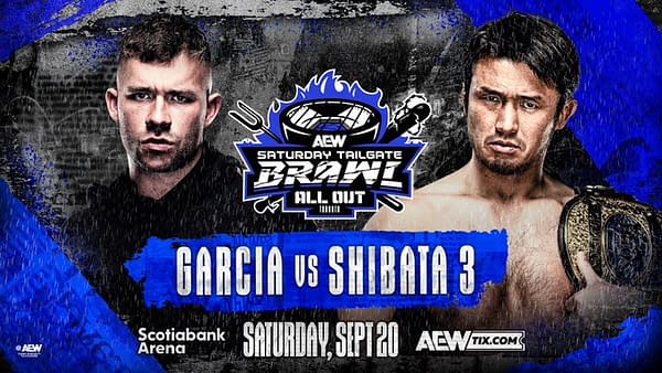 A promotional graphic for the AEW All Out event featuring wrestlers Daniel Garcia and Katsuyori Shibata. It highlights their matchup 'Garcia vs Shibata 3' scheduled for September 20 at the Scotiabank Arena.
