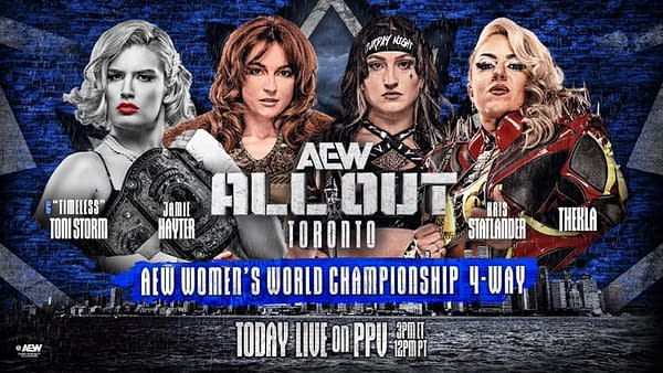 A promotional graphic for the AEW All Out event featuring four women wrestlers: Toni Storm, Jamie Hayter, Kris Statlander, and Thekla, with event details outlined against a backdrop of a cityscape.