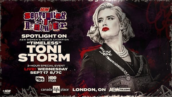 A promotional image featuring Toni Storm, the AEW Women's World Champion, styled in a glamorous, vintage-inspired look. She gazes confidently towards the side, wearing a black outfit with pearls and red lipstick, against a dark background with a vibrant graphic design elements for the event 'September to Remember'.
