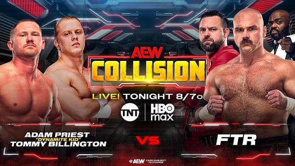 Promotional poster for AEW Collision featuring wrestlers Adam Priest and Tommy Billington on one side, and FTR on the other. The background highlights the event's name and broadcast details.