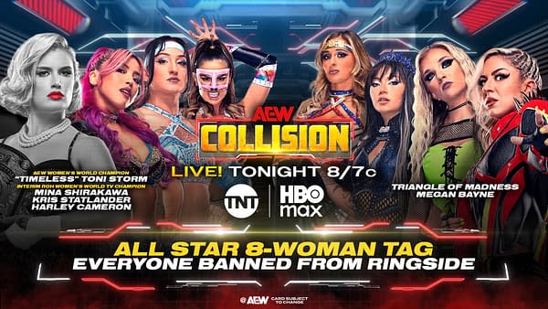 Promotional graphic for AEW Collision featuring multiple female wrestlers in colorful costumes, highlighting an 8-woman tag match with text indicating that everyone is banned from ringside.