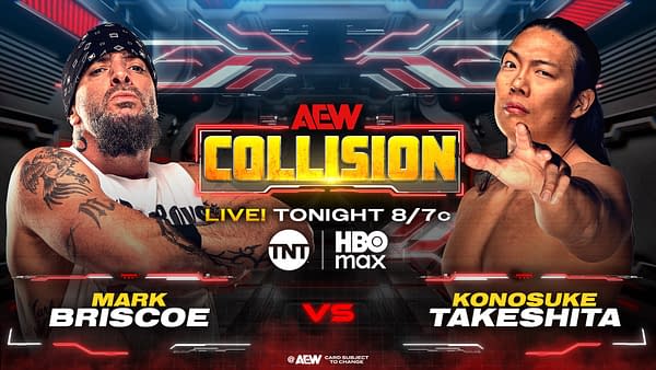 Promotional graphic for the AEW Collision event featuring wrestlers Mark Briscoe and Konosuke Takeshita, with a futuristic background and bold text highlighting the event details.
