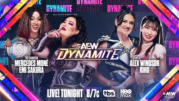 Graphic featuring four female wrestlers, including TBS Champion Mercedes Moné and Emi Sakura, along with Alex Windsor and Riho, set against a colorful background with the AEW Dynamite logo. The wrestlers are depicted in dynamic poses, showcasing their championship belts and attire.