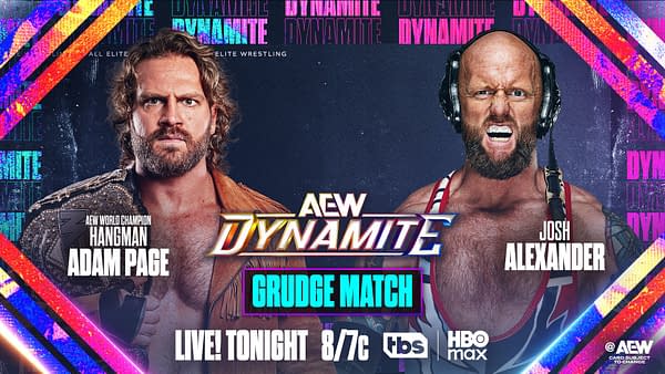 A promotional image for AEW Dynamite featuring two wrestlers, Hangman Adam Page and Josh Alexander, positioned facing each other. Adam Page, wearing a championship belt, has long hair and a serious expression, while Josh Alexander, sporting a red and white singlet, looks intense with headphones on, emphasizing the upcoming grudge match.